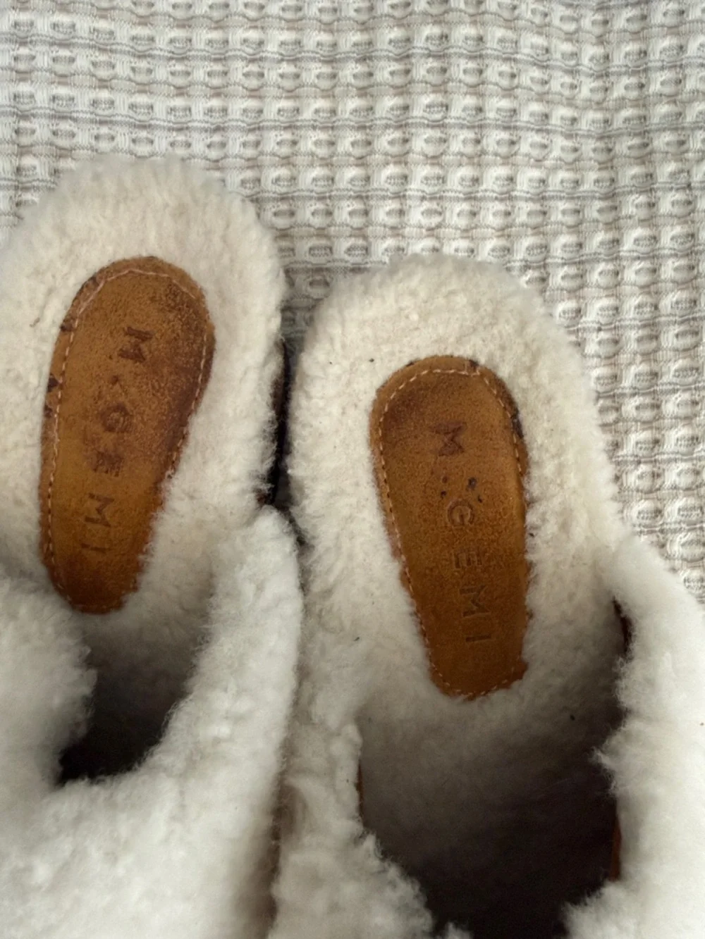 M. Gemi Cream Shearling Slip-On Mules with Tan Suede Inset. The Greta. - Picture 2 of 5